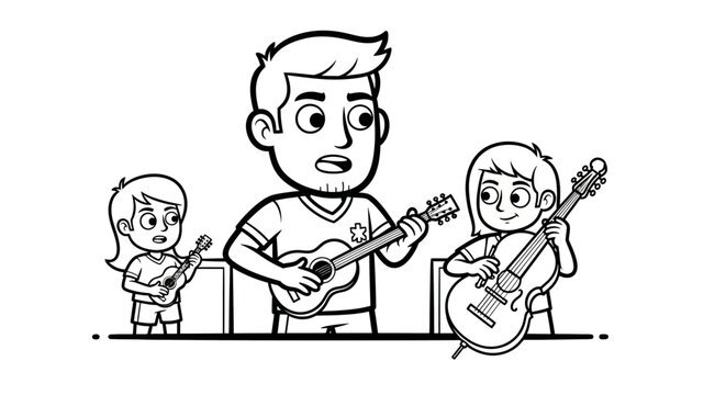 Cartoon children happily playing guitars together on stage.