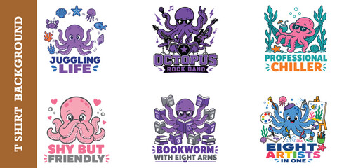 Cute octopus character collection featuring various hobbies and personality trait quotes. © jubayer95