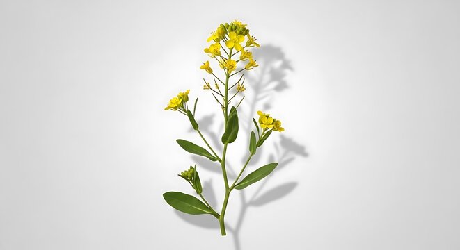 A detailed close-up shot of the Camelina sativa plant featuring vibrant yellow flowers and green leaves isolated against a soft, clean white background