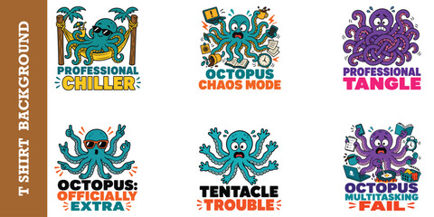 Collection of octopus vector illustrations showcasing various personality traits and moods. © jubayer95