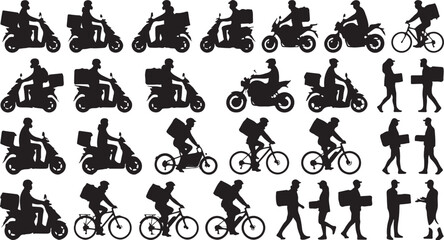 Fototapeta premium Silhouettes of diverse delivery workers on various vehicles representing the backbone of modern urban logistics