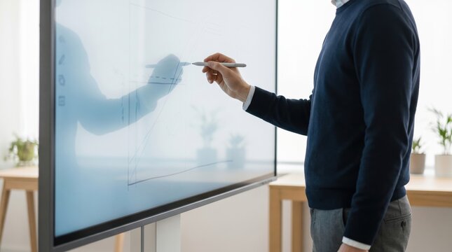 Professional man using interactive digital whiteboard for business presentation or corporate training session