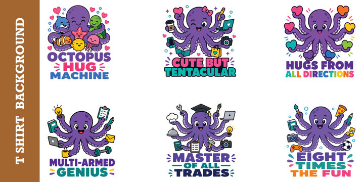 Octopus hug machine t-shirt design, cute sea creature with happy marine friends.