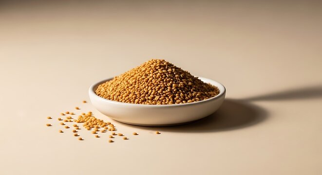 A high-angle studio shot of a white bowl overflowing with golden Camelina sativa seeds placed on a clean neutral background with scattered seeds nearby.