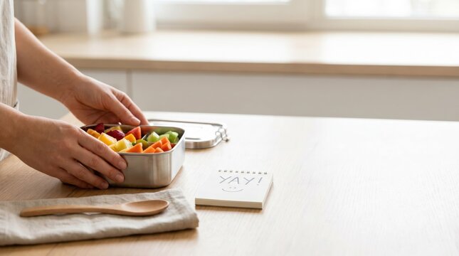 Woman preparing healthy fruit lunchbox in bright kitchen for work or school break with positive note