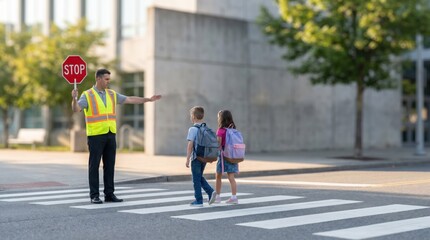 Obraz premium Crossing Guard Helping School Children Cross Street Safely at Pedestrian Crosswalk