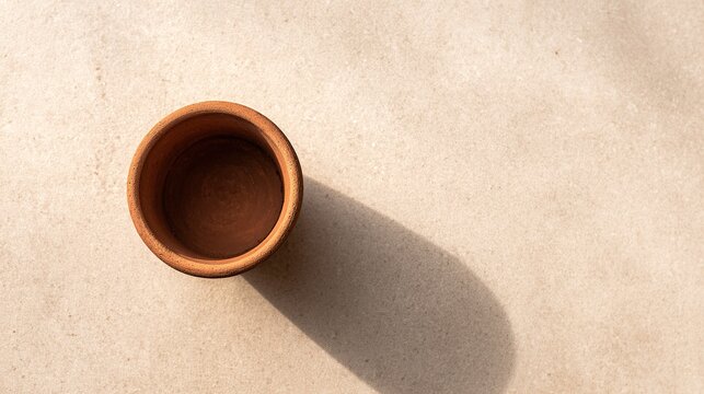 Empty terracotta flower pot on beige surface top down