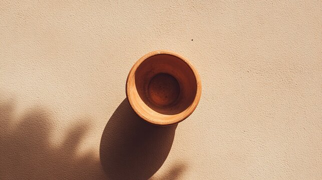 Empty terracotta flower pot on beige surface top down