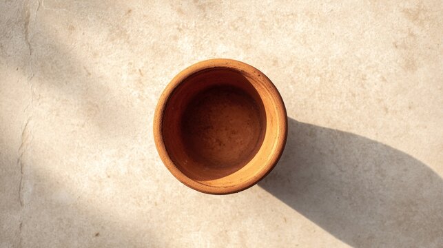 Empty terracotta flower pot on beige surface top down