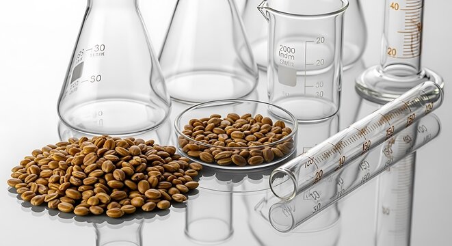 A close-up view of camelina sativa seeds analyzed in laboratory glassware and petri dishes for agricultural research, crop science, and biofuel study