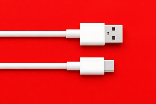 White USB cables with USBA and USBC connectors on red background  technology and connectivity concept