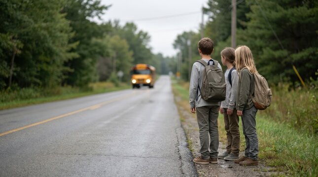 Three children waiting for school bus on rural road, back to school concept, elementary students standing on roadside