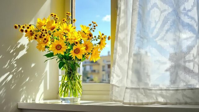 Yellow flowers in a vase on a windowsill with sunlight and curtains.