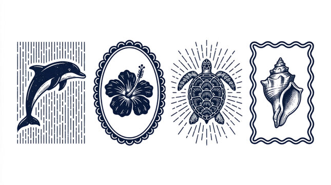 Vintage nautical marine life illustrations, set of 4 navy blue ocean icons, sea turtle and dolphin emblems, hibiscus flower and seashell vector graphics