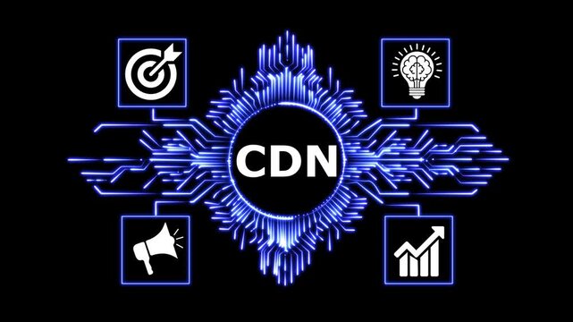 Content delivery network technology concept shown through glowing digital icon.