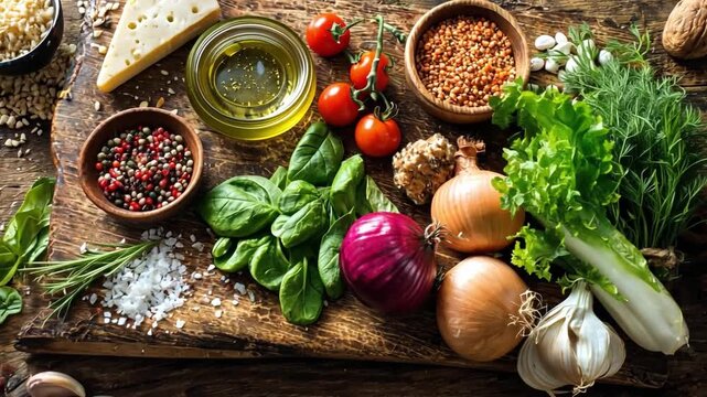 Fresh Vegetables and Ingredients for Healthy Cooking on Wooden Table