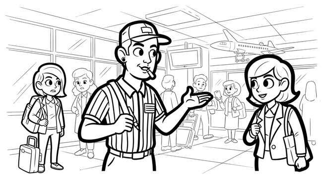 Cartoon security guard explaining instructions to travelers.