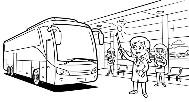Cartoon illustration of bus station with travelers waiting.