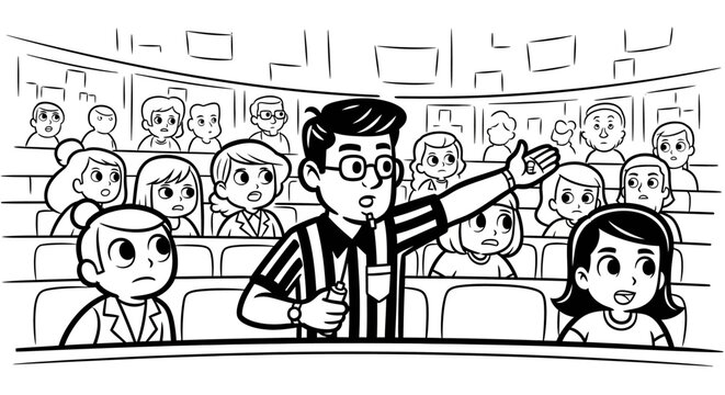 Cartoon man giving a presentation to an audience.