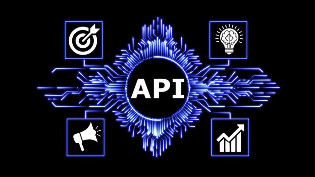 Digital API concept with glowing circuit board and business icons motion.