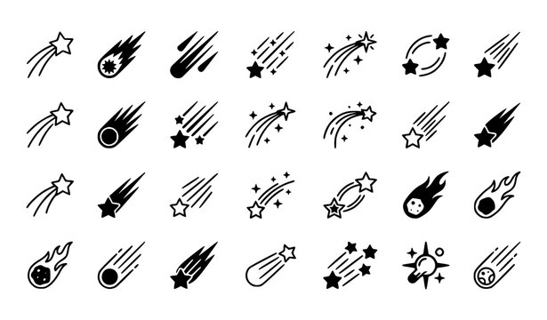 Minimal shooting stars and comet tail linear icon collection vector isolated on white