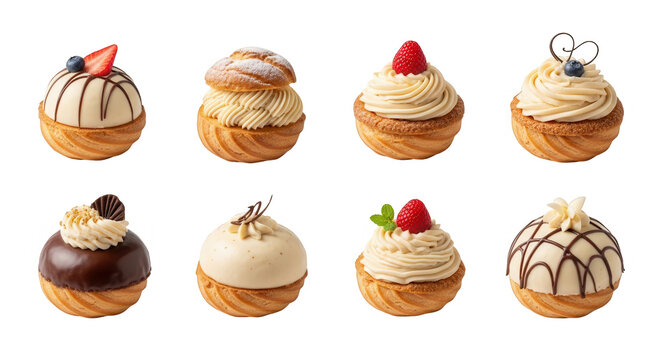 assortment of gourmet cream puffs on a white background dessert menus or food blogs