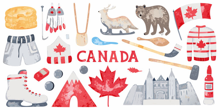 Canadian Symbols Illustration Sheet In Watercolor Style