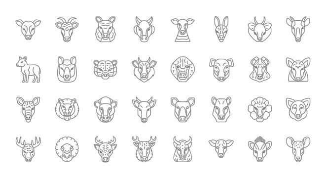Set of minimalist animal head line icons on white background