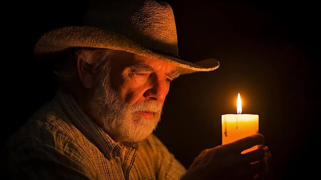 An old man in a hat holds a candle lit in the dark.