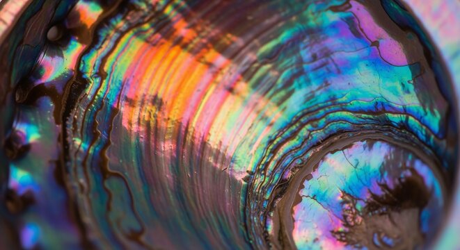 Iridescent abalone shell interior displays vibrant, swirling colors and patterns