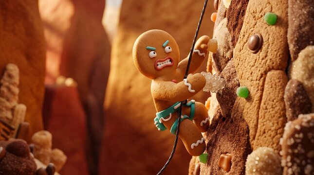 Gingerbread man rock climbing cookie wall concept