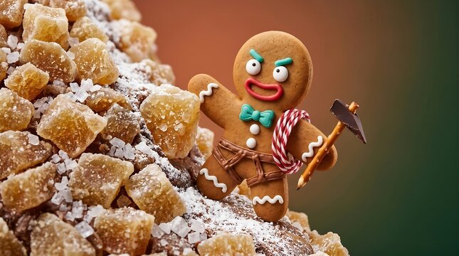 Funny gingerbread man miner with pickaxe on sugar mountain
