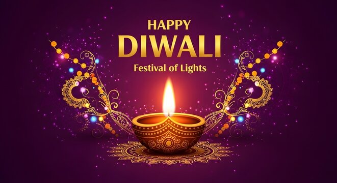 Diwali festival of lights illuminated diya with ornamental decorations