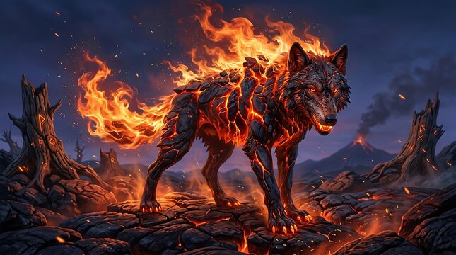 Magma fire wolf in volcanic fantasy landscape 3D render