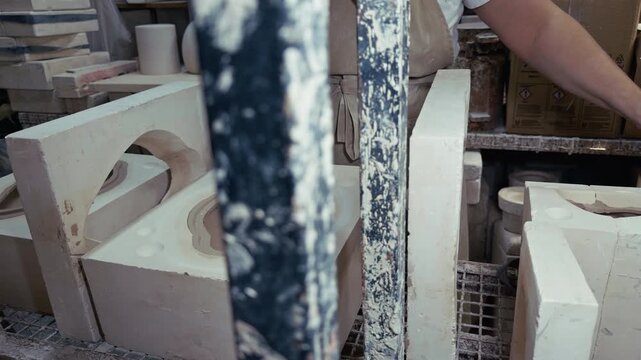 Ceramic Artisan Working With Plaster Molds In Pottery Workshop