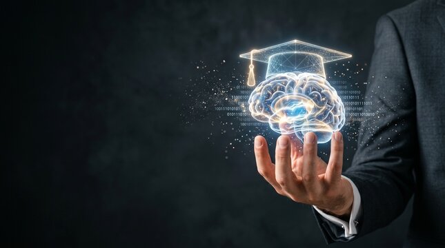 Businessman Holding Digital Human Brain with Graduation Cap for Education