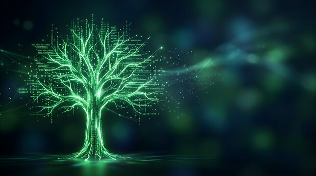 Glowing digital tree made of binary code for ecological technology concept