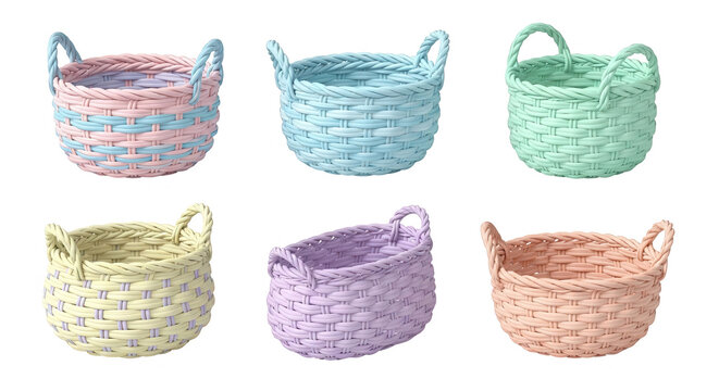 pastel colored woven baskets arranged on a white backdrop easter home decor or gift presentations