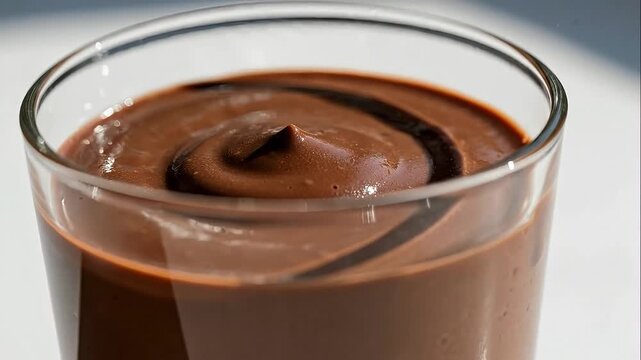 A close-up of creamy chocolate pudding in a glass, ready to be enjoyed.