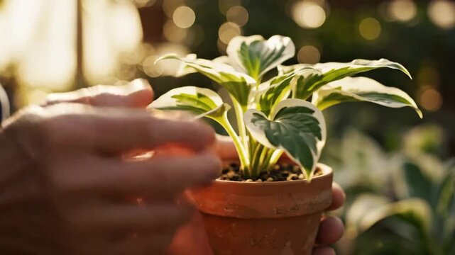 Close up of elderly hands holding a small potted plant in a sunny garden