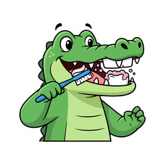 Fototapeta premium Happy cartoon alligator brushing teeth with toothbrush. Dental hygiene reptile.
