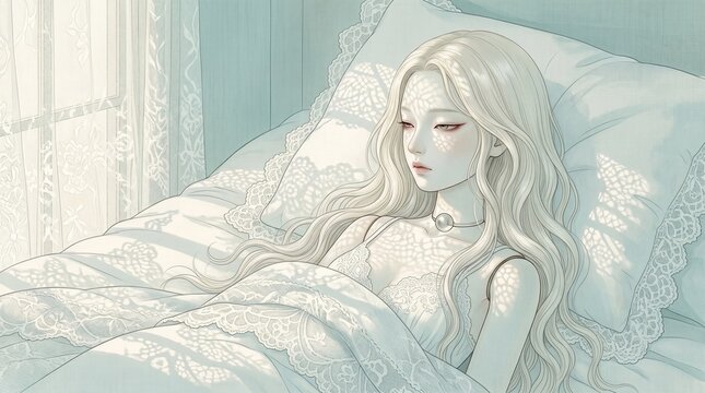 Close up side view of a white-haired ball-jointed doll woman lying on a white bed with morning sunlight through lace curtains