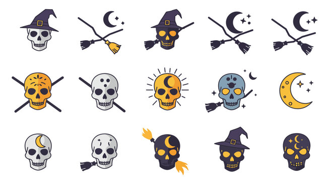 Collection of Halloween icons featuring skulls, witches' hats, and brooms against moon and sun backdrops, perfect for festive designs
