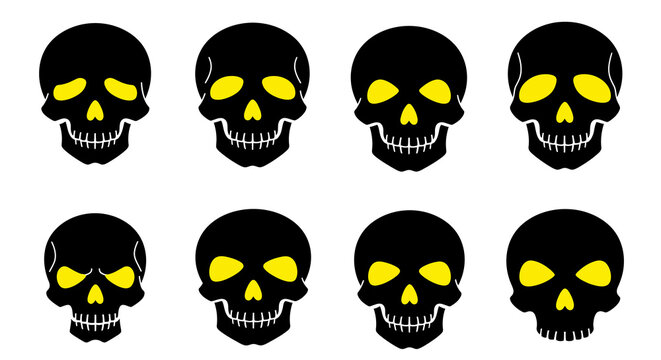 Collection of stylized black skull icons with bright yellow eyes, depicting various grim and eerie expressions, suitable for Halloween designs or dark themes