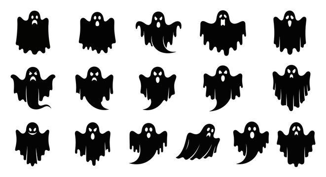 Diverse black ghost silhouettes set, ideal for spooky graphic designs, Halloween decorations, party invitations, or creating haunting visual concepts with a variety of phantom expressions and poses