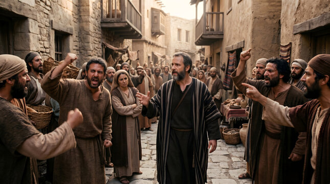 Apostle Paul preaching in front of an angry crowd in ancient city, Religious conflict and historical town scene with men and women in traditional clothing, biblical narrative drama angry