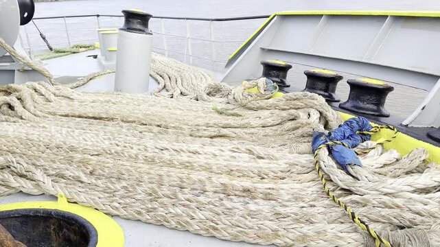 ship mooring lines spread out on deck. preparation for berthing.