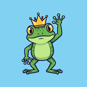 Cute Frog King Waving Hello with Crown on Blue Background - Cartoon Character