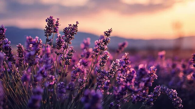 Lavender Field at Sunset with Vibrant Colors and Soft Light
