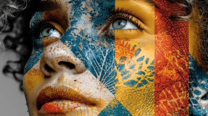 Obraz premium Artistic portrait of a person's face, with a partial focus on the left eye and painted patterns